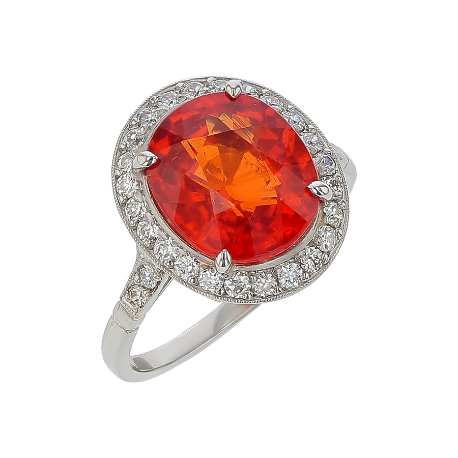 6.36ct Oval Spessartite Garnet and 0.56ct Diamond Halo Ring in Platinum, size 7.5