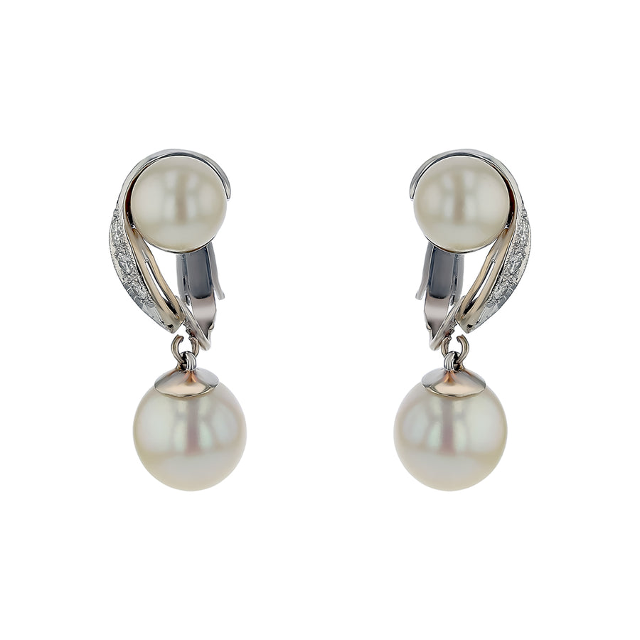 0.24ct Full Cut Diamond and 7.9mm-9.6mm Round Pearl Clip On Earrings in 14K White Gold