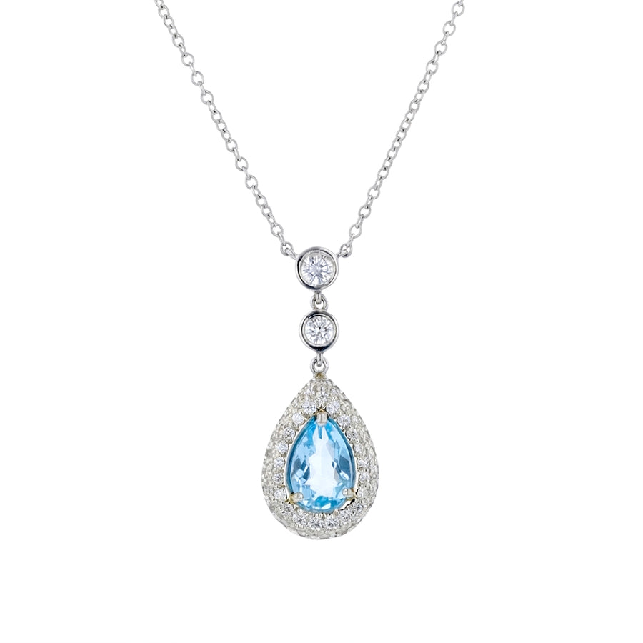 0.60ct Pear Aquamarine and 0.36ct Round Diamond Halo Necklace in Platinum, 16"