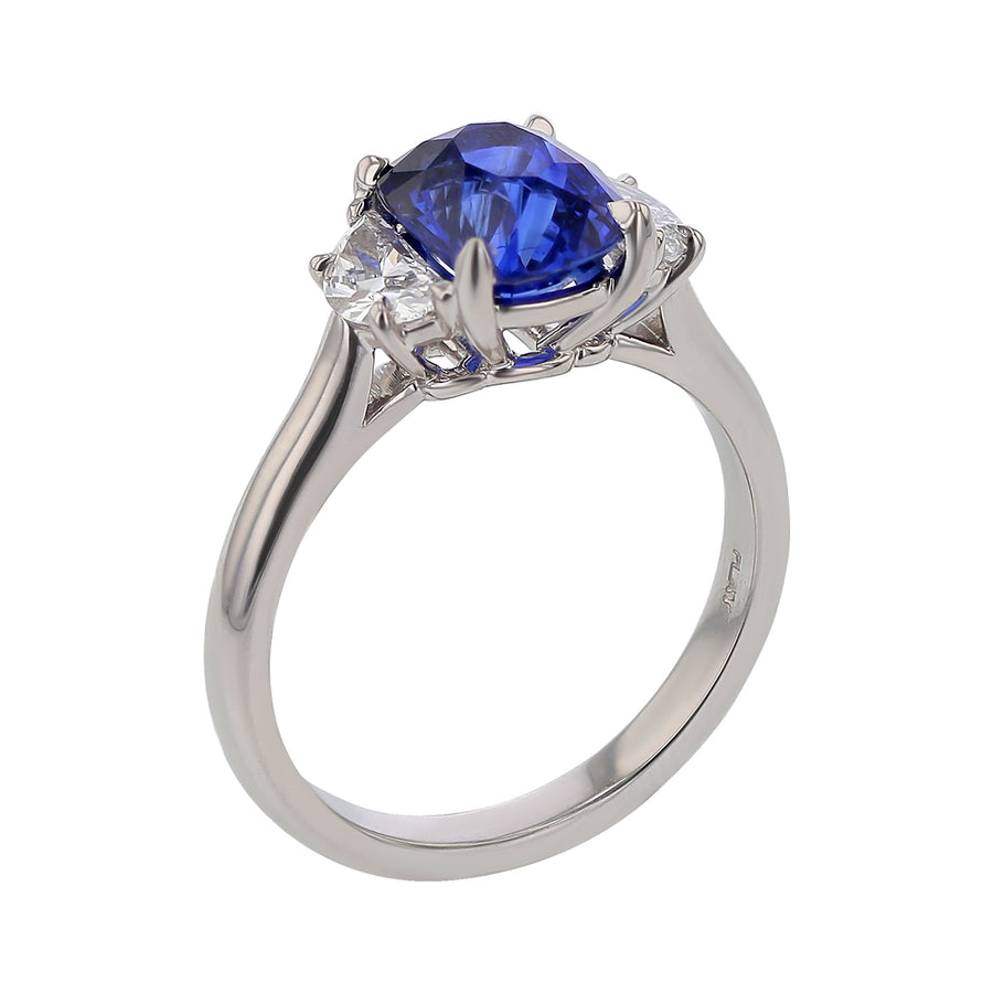 2.69ct Sri Lankan Cushion Sapphire and 0.50ct Half Moon Diamonds Three Stone Ring in Platinum Size 6.5
