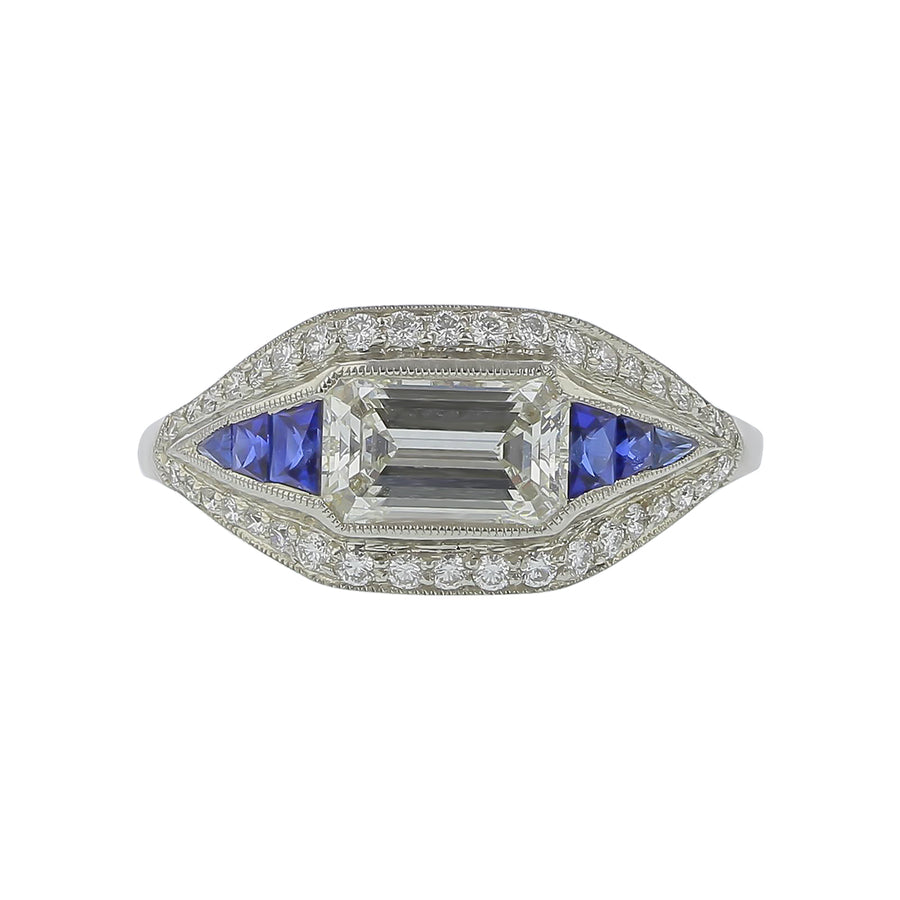 1.14ct Emerald Cut Diamond 0.87ct Sapphire and 0.46ct Round Diamond Ring in Platinum, size 6.75