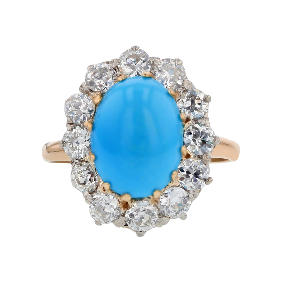 4.00ct Cabochon Turquoise and 1.40ct Round Diamond Halo Ring 14k Yellow Gold, size 7.75