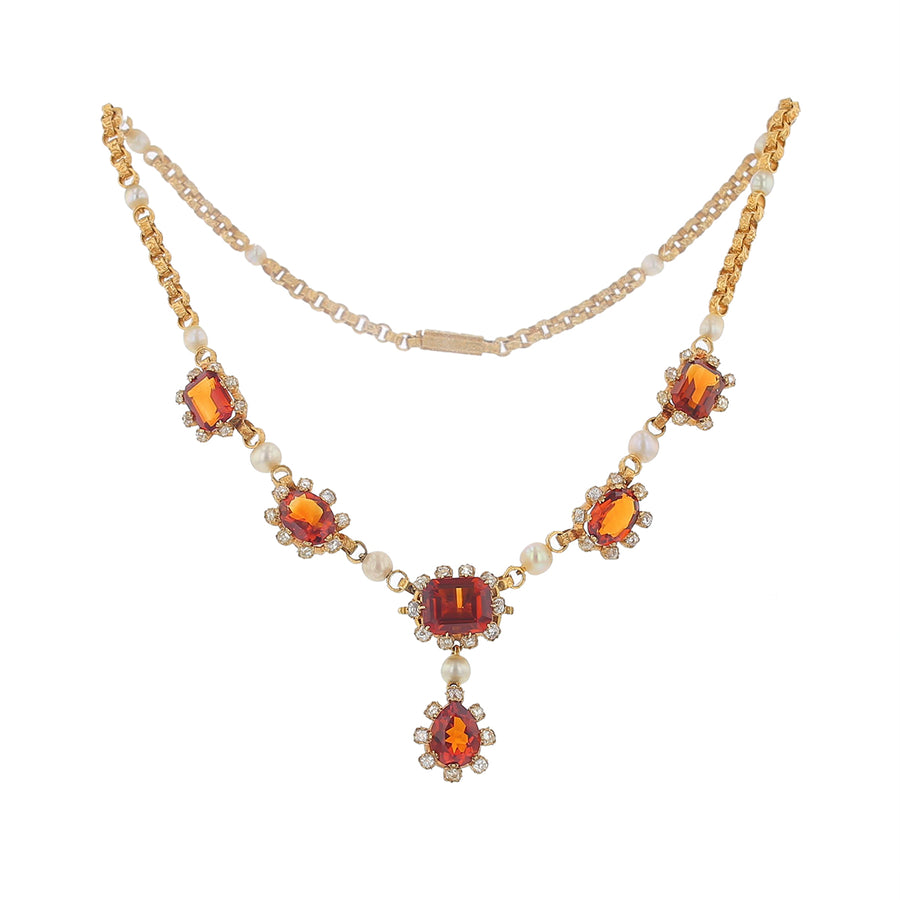 18.00ct Citrine 2.50ct Round Diamonds and Pearl Victorian Necklace in 20k and 22k Yellow Gold, 16"