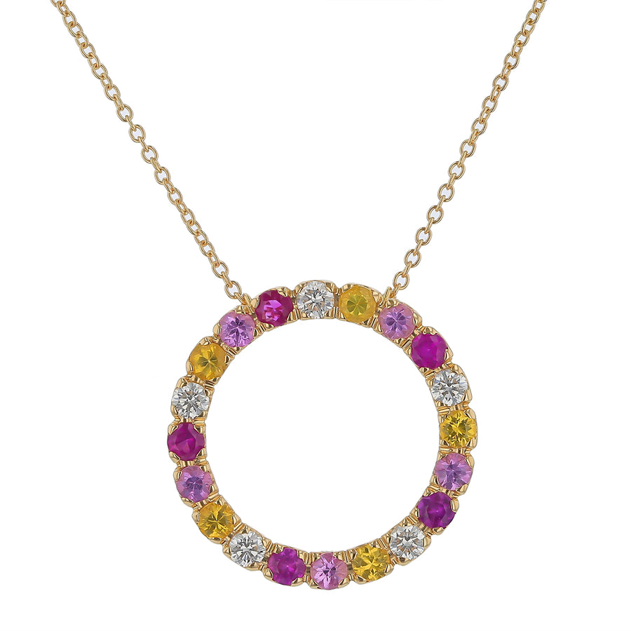 1.68ct Sapphire and 0.44ct Diamond 24mm Round Pendant on Chain in 18k Yellow Gold, 17"