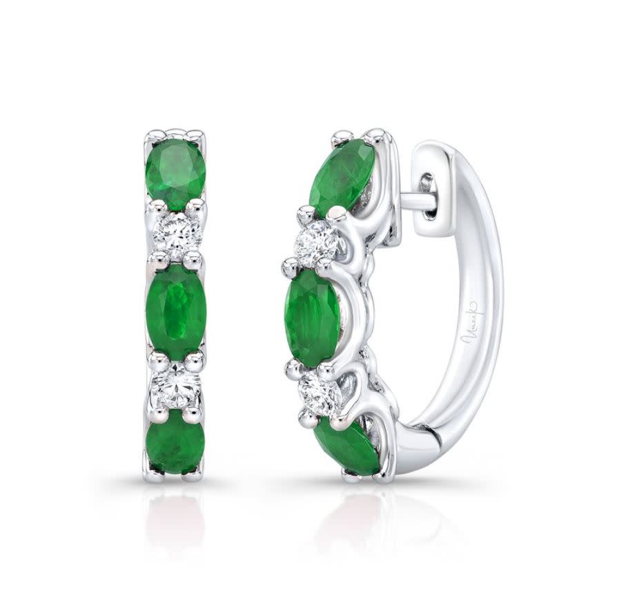 Precious 1.30ct Oval Emerald and 0.24ct Round Diamond Hoop Earrings in 18K White Gold