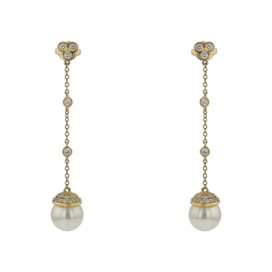 0.83ct Diamond and Cultured Pearl Drop Earrings in 18K Yellow Gold