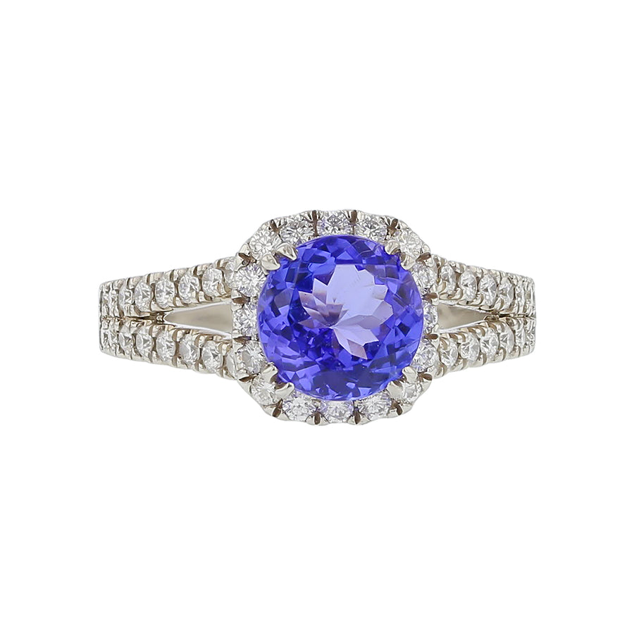 1.70ct Round Tanzanite and 0.44ct Round Diamond Ring in Platinum, size 6