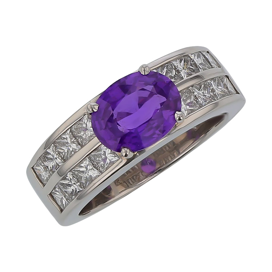 1.97ct Oval Purple Sapphire and 1.34ct Diamond Two Row Ring in Platinum, Size 6