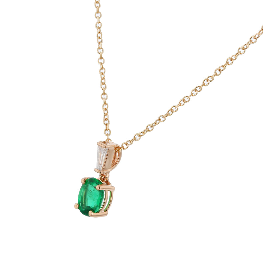 0.70ct Zambian Oval Emerald and Tapered Baguette Diamond 0.09ct Pendant in 14k Yellow Gold, 18" Chain