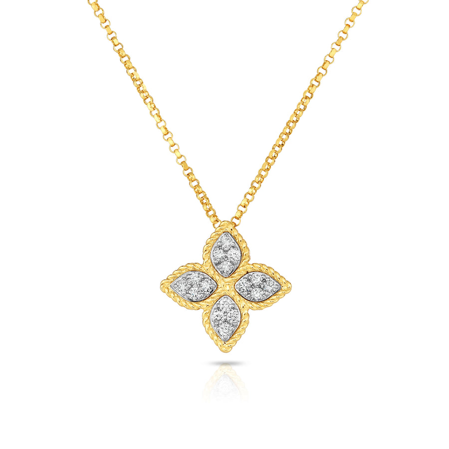 Venetian Princess Flower 0.04ct Diamond Pendant in 18K Yellow and White Gold, 18" chain