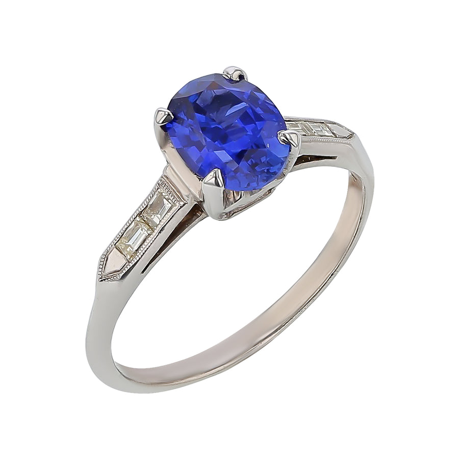1.71ct Sapphire and 0.32ct Diamond 1950's Ring in Platinum, Size 6.5