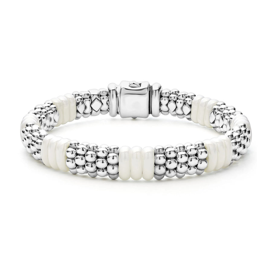 White Caviar 9mm 7 Station Bracelet in Sterling Silver and Ceramic, size 7