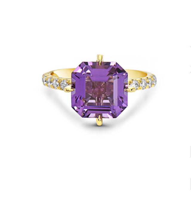 Precious Pastel 4.16ct Asher Amethyst and 0.62ct Diamond Solitaire Ring in 18K Yellow Gold, size 6.5