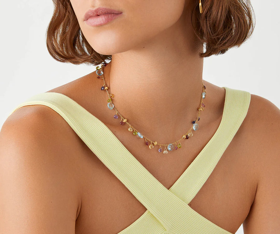 Paradise Blue Topaz and Mixed Gemstone Single Strand Necklace in 18K Yellow Gold, 16.5"