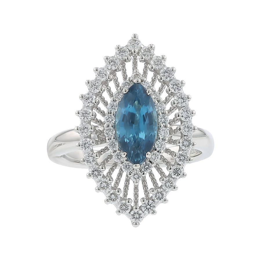 1.57ct Blue Topaz and 0.69ct Diamond Double Halo Ring in 18K White Gold, Size 6.5
