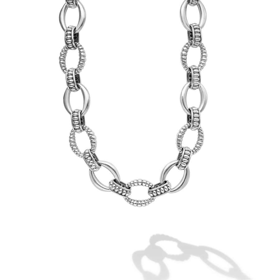 Signature Caviar 15mm Fluted Oval Link Necklace in Sterling Silver, 18"