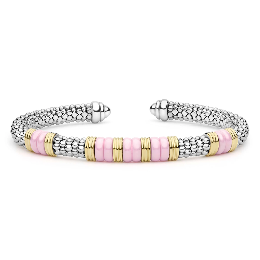Pink Caviar 5 Station Cuff Bracelet in 18K Yellow Gold, Sterling Silver and Ceramic, size 7.5