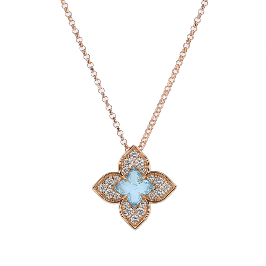 Venetian Princess 0.17Ct Diamond and 0.75Ct Blue Topaz Flower Pendant on Chain in 18k Rose Gold, 18in