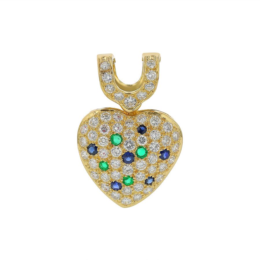 2.56ct Diamond, 0.30ct Sapphire and 0.12ct Emerald Heart Pendant in 18K Yellow Gold with Clip Baile and without Chain
