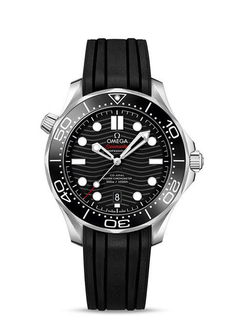 Omega watch with black rubber strap on a white background