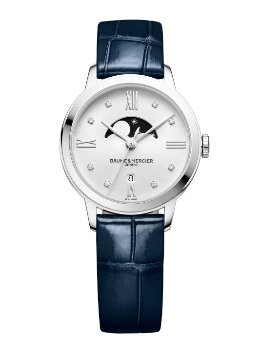31mm Classima Moon Phase Quartz Watch with Silver Dial in Stainless Steel, Strap