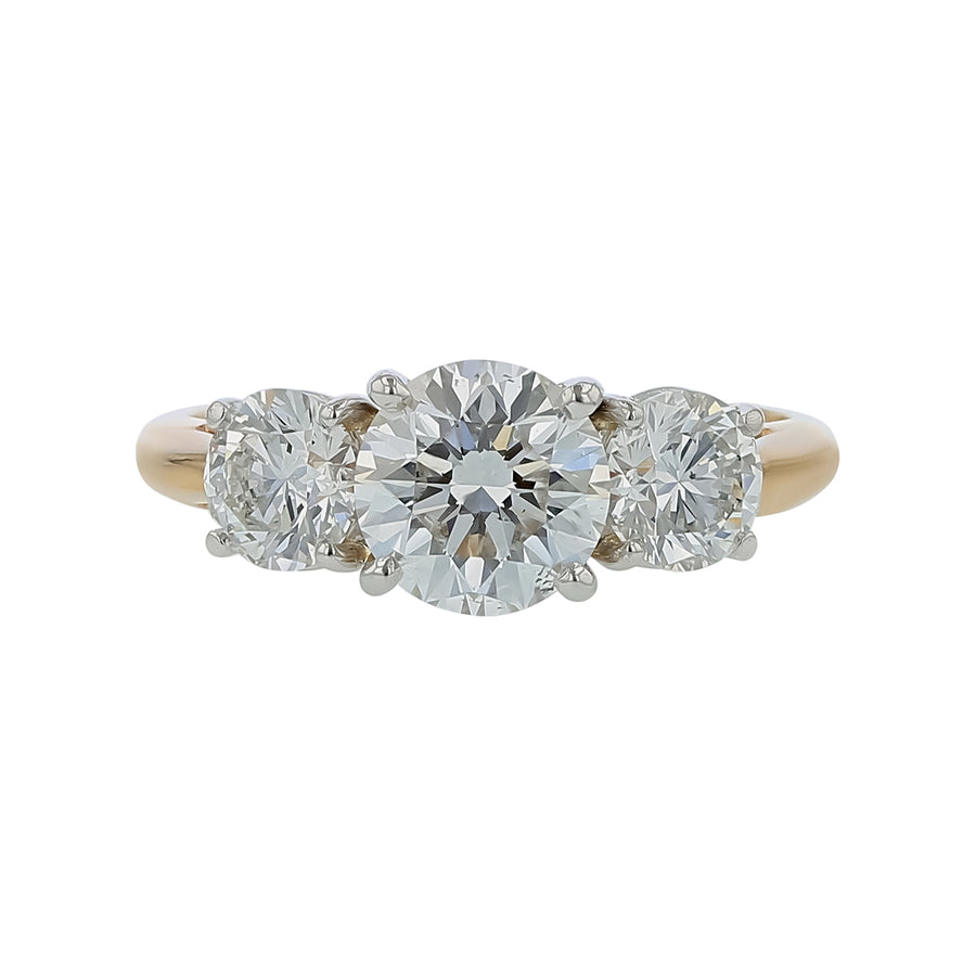 1.51ct Round Brilliant Diamond and 1.08ct Diamond 3 Stone Ring in 14K Yellow Gold and Platinum, size 6.75