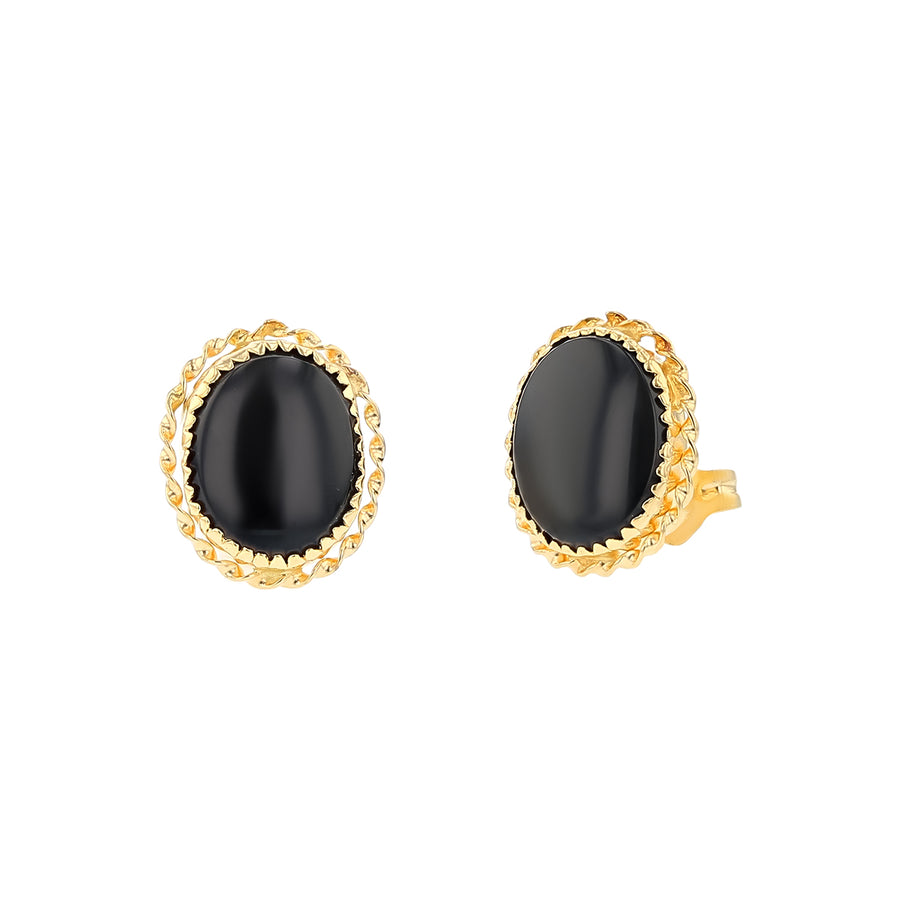 Cabochon Oval Black Onyx Milgrain Edge Stud Earrings in 14K Yellow Gold