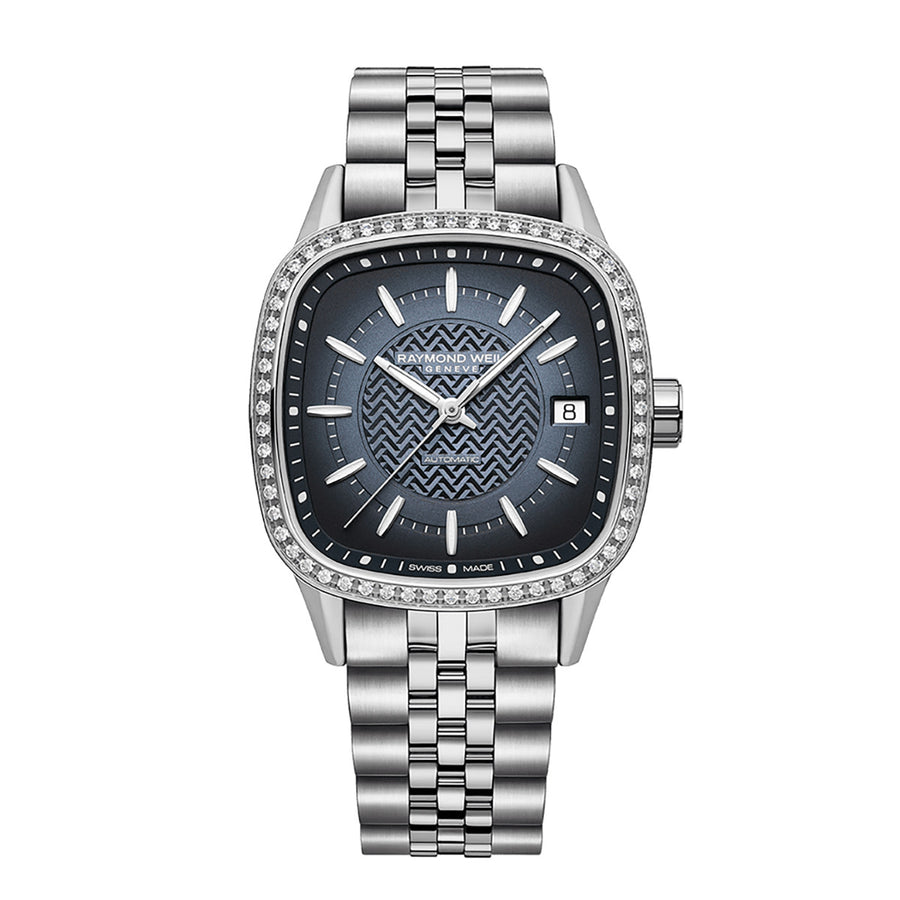 34.5mm Raymond Weil Freelancer Watch with Blue Dial in Stainless Steel, Bracelet