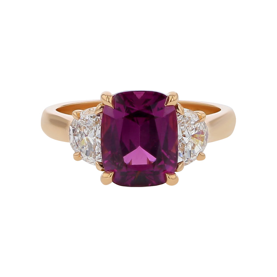 3.80ct Mahenge Cushion Cut Garnet and 0.61ct Half Moon Diamonds 3 Stone Ring in 18k Rose Gold, Size 6