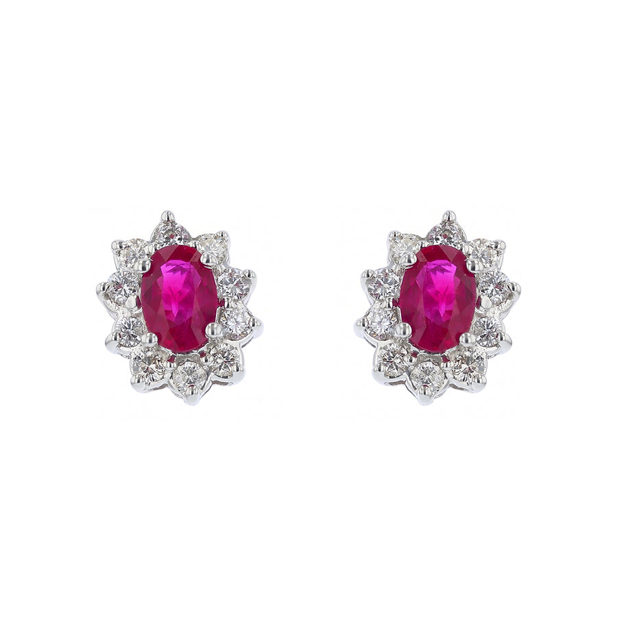 1.01ct Oval Ruby and 0.56ct Round Diamond Halo Stud Earrings in 18K White Gold