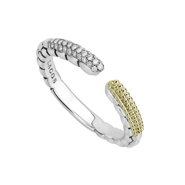 Caviar Lux 0.13ct Diamond 3mm Open Stackable Ring in 18K Yellow Gold and Sterling Silver, size 7