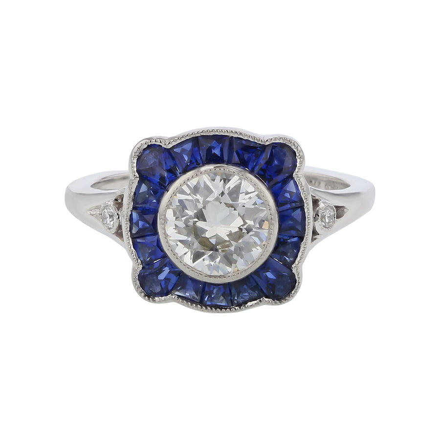 0.99ct Old European Cut Diamond 0.02ct Full Cut Diamond and 0.91ct French Cut Blue Sapphire Ring in Platinum