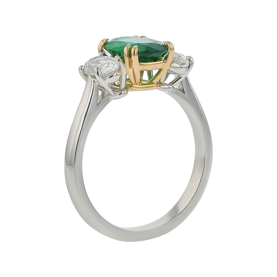 1.49ct Oval Zambian Emerald and 0.77ct Diamond 3 Stone Ring in Platinum and 18K Yellow Gold, Size 6.75