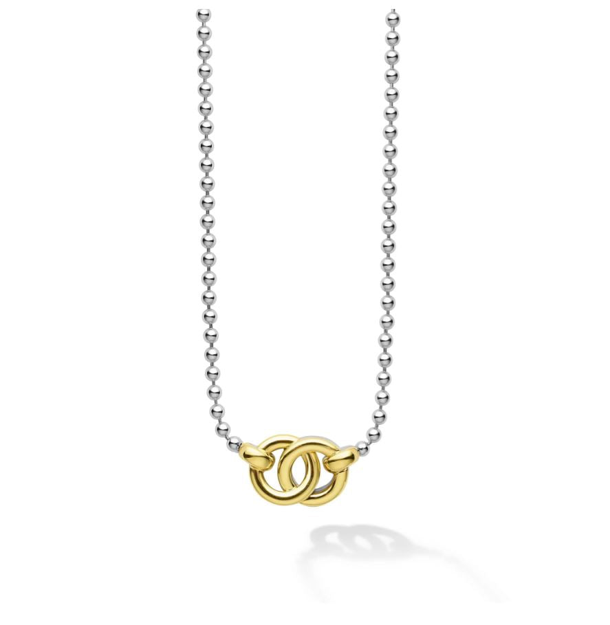 Signature Caviar Interlocking Pendant on Ball Chain Necklace in Sterling Silver and 18K Yellow Gold, 16-18"