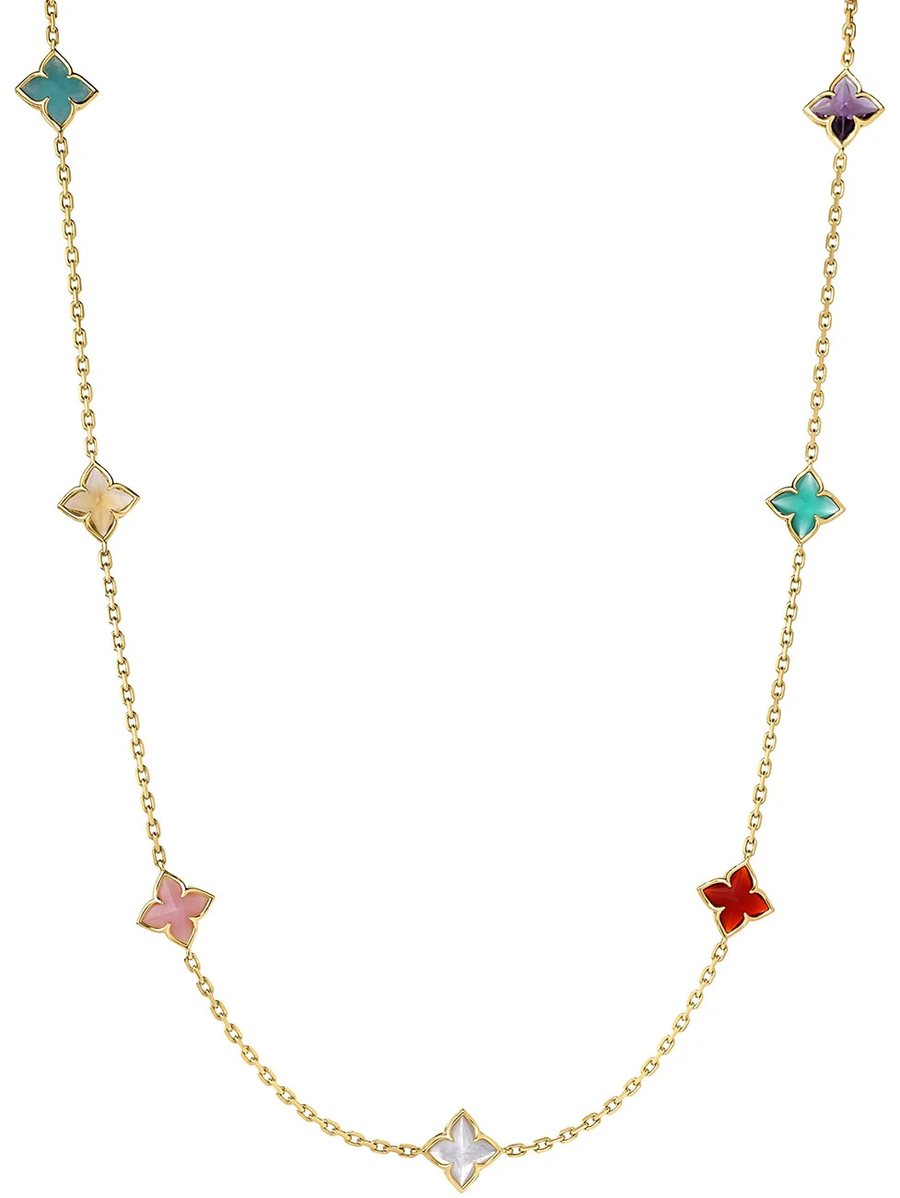 Venetian Princess Carnival Mixed Stone 7 Station Flower Necklace in 18K Yellow Gold, 16-18"