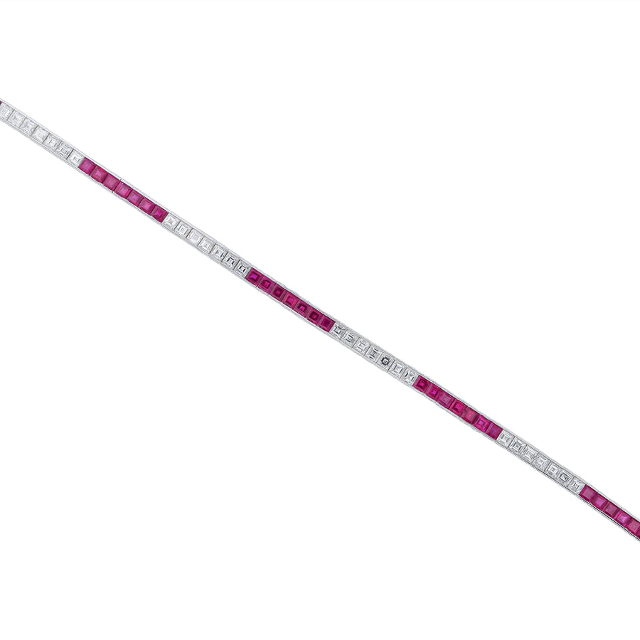 4.18ct Ruby and 3.07ct Diamond Alternating Line Bracelet in Platinum, 7"