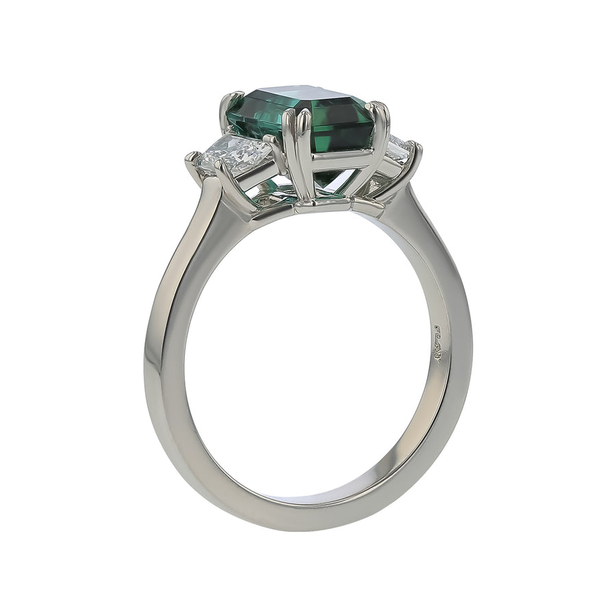 2.83ct Emerald Cut Nambian Tourmaline and 0.61ct Diamond Ring in Platinum, Size 6.5