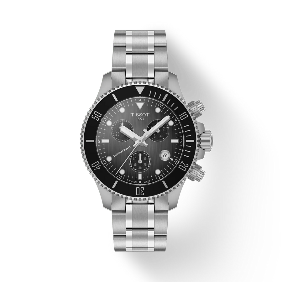 38mm Seastar 1000 Quartz Chronograph Watch with Grey-Black Dial in Stainless Steel, Bracelet