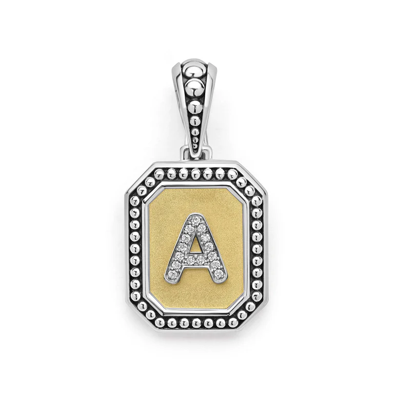 Signature Caviar 0.05ct Diamond Octagon Initial "A" Pendant in 18K Yellow Gold and Sterling Silver, without chain
