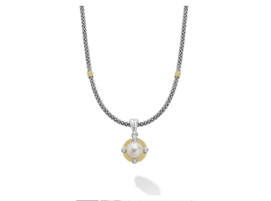 Luna 0.13ct Diamond and 9mm Pearl Pendant in 18K Yellow Gold and Sterling Silver on 18" chain