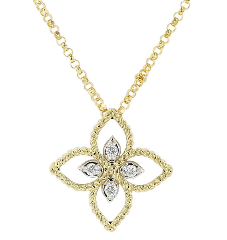 Principessa Diamond Flower Pendant in 18K Yellow Gold, Adjustable Chain