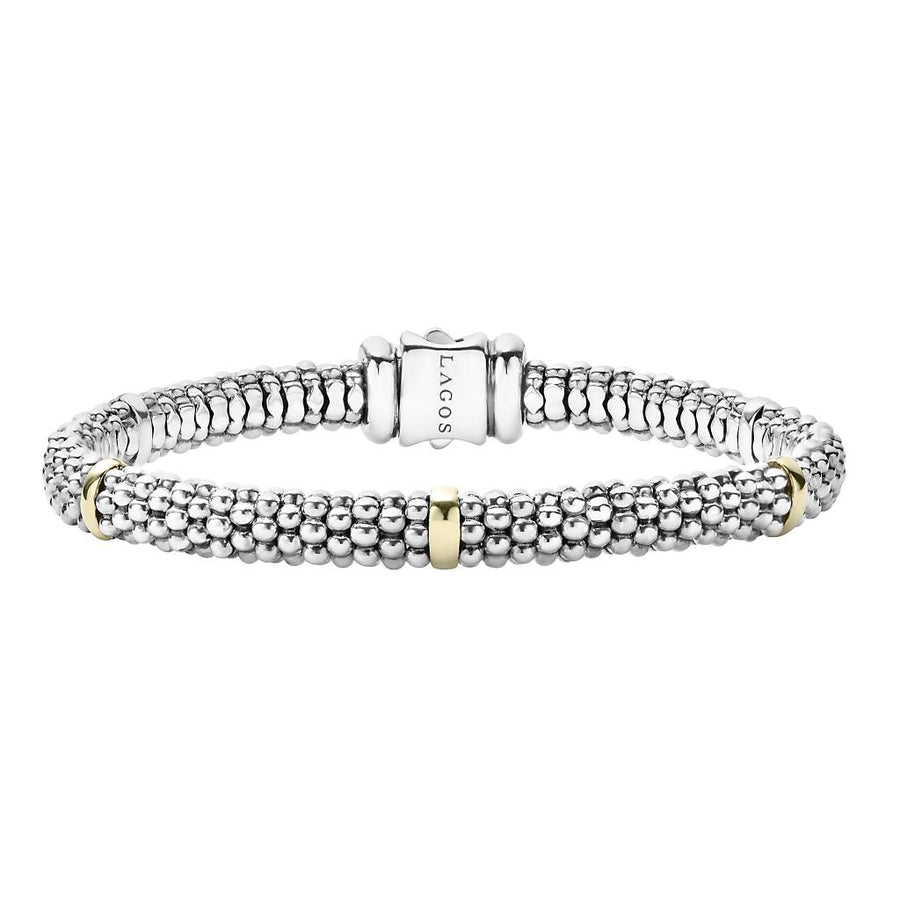 6mm 5-Station Caviar Rope Bracelet in Sterling Silver and 18K Yellow Gold, Size Small
