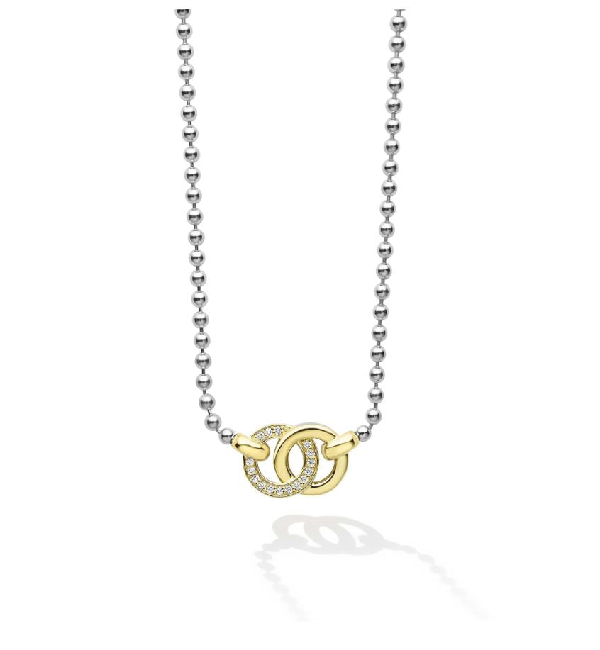 A Signature Caviar diamond interlocking circle pendant necklace on a ball chain, featuring 18K yellow gold and sterling silver.