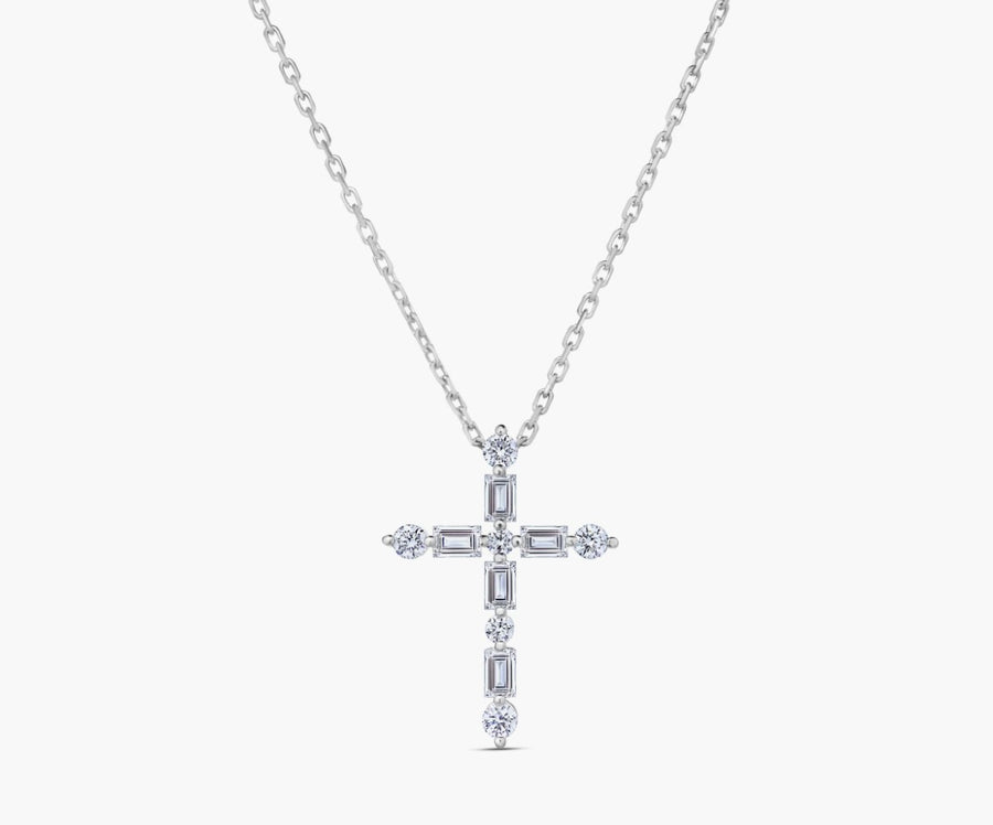 Princess 0.55ct Baguette and Round Diamond Cross Pendant 18K White Gold, 16-18" chain