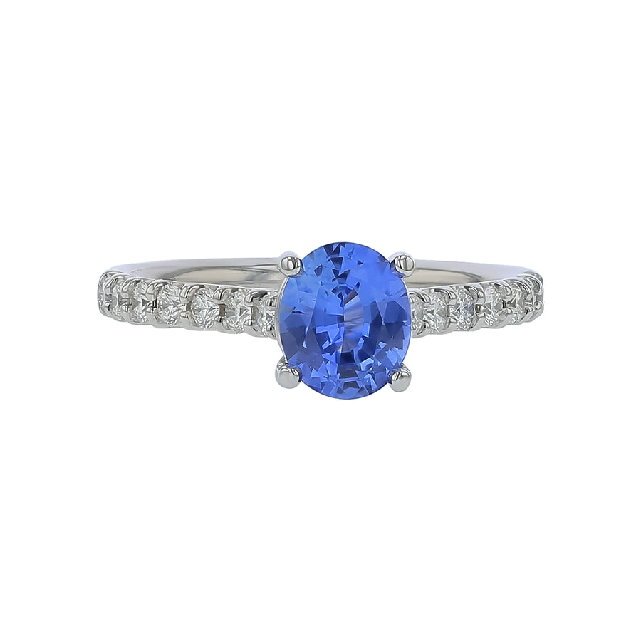 1.06 Oval Sri-Lankan Sapphire and 0.35ct Diamond Ring in 18K White Gold, Size 6