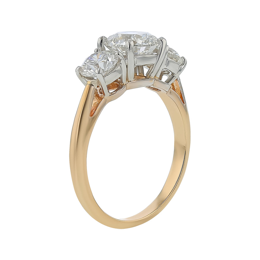 1.51ct Round Brilliant Diamond and 1.08ct Diamond 3 Stone Ring in 14K Yellow Gold and Platinum, size 6.75