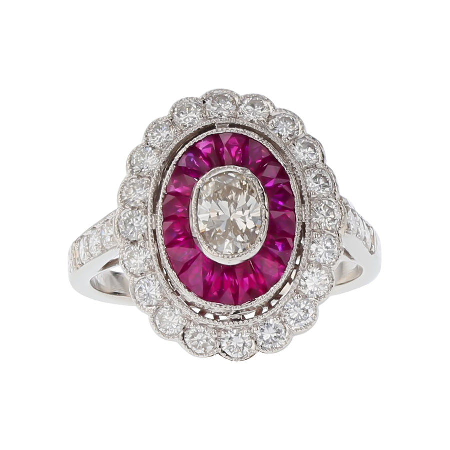 0.22ct Oval Diamond with 0.49ct Rubies and 0.52ct Full Cut Diamonds Halo Art Deco Ring in Platinum, size 4.25