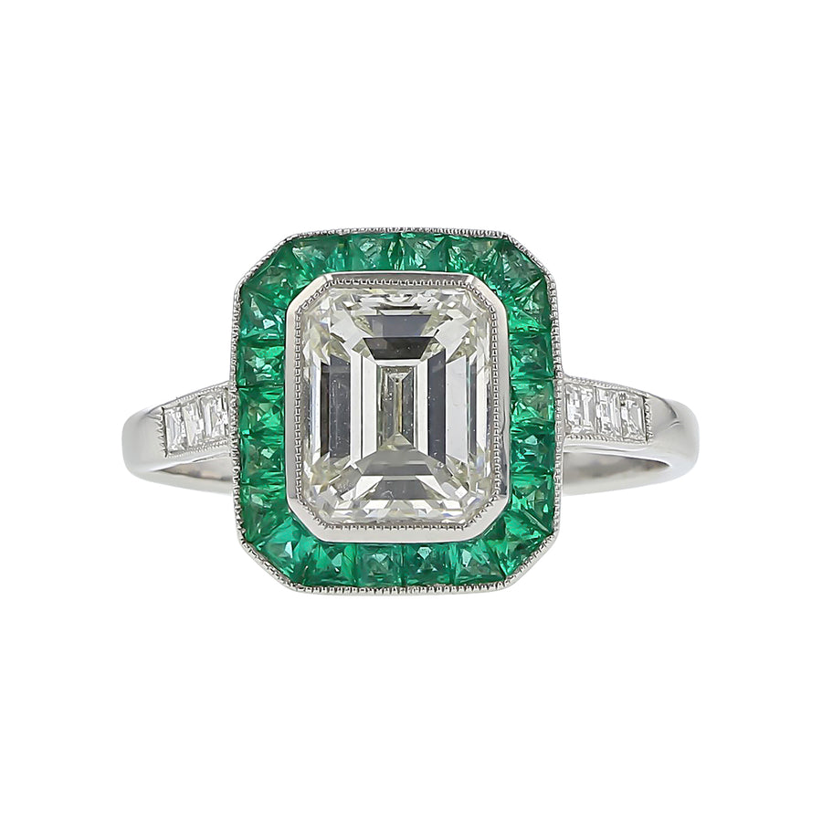 1.57ct Emerald Cut Diamond with 1.76ct Emeralds and 0.08ct Diamonds Ring in Platinum