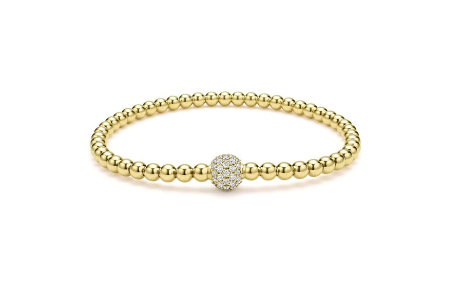 Caviar Gold 0.70ct Diamond 4mm Pave Ball Stretch Bracelet in18K Yellow Gold, size 7