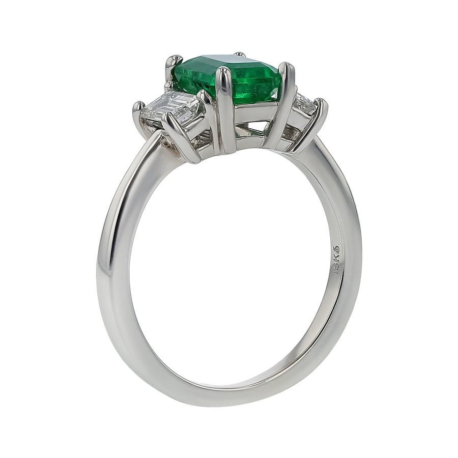 0.99ct Emerald Cut Emerald and 0.39ct Diamond 3 Stone Ring in 18K White Gold, Size 4.5